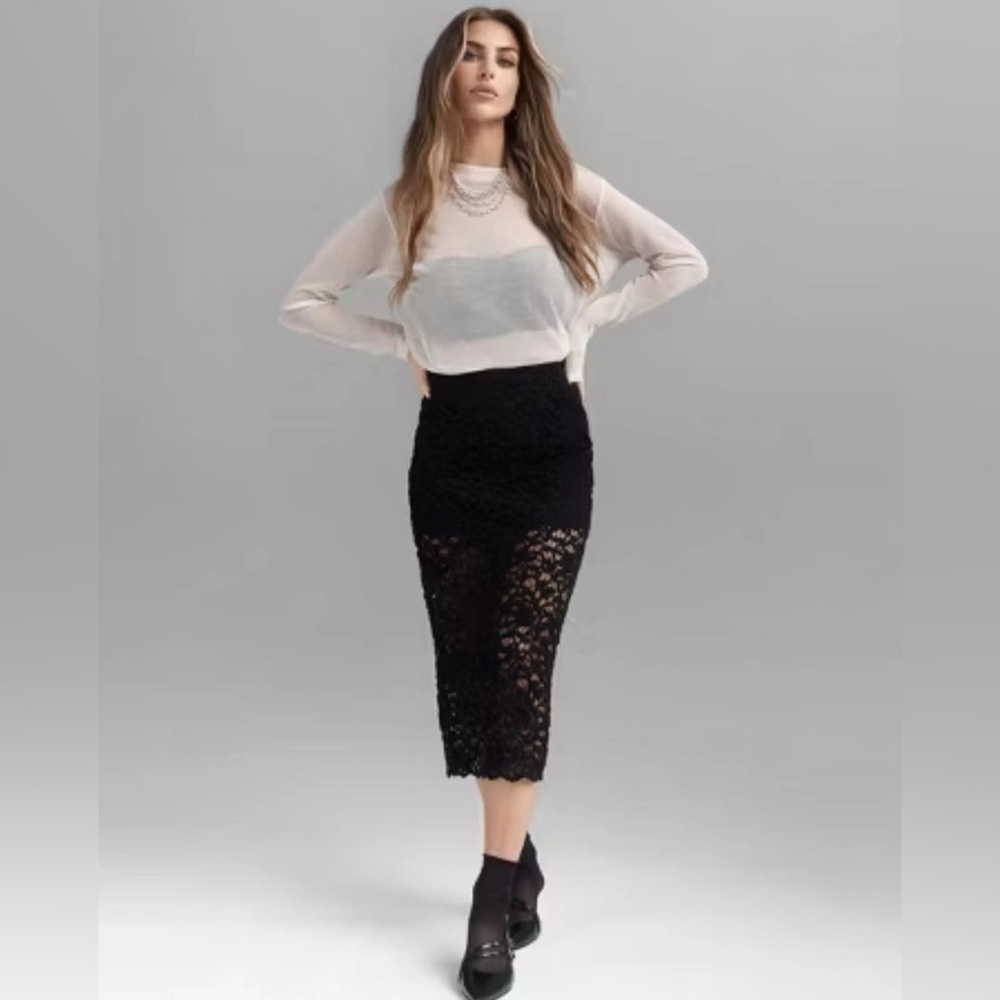 Future Collective Black Lace Midi Skirt | Sheer Hem | Size S | NWOT